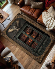 Dark Academia Gothic Library Rug with Antique Bookshelf Owl and Candlelight Cabinet Illusion Area Carpet for Study or Living Room Decor