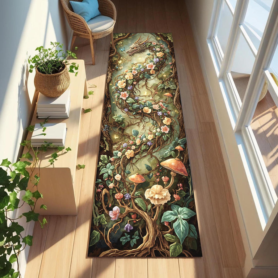 Floral Dragon Runner Rug, Fantasy Nature Carpet with Vines and Mushrooms, Mystical Botanical Hallway Rug for Boho and Fairycore Homes