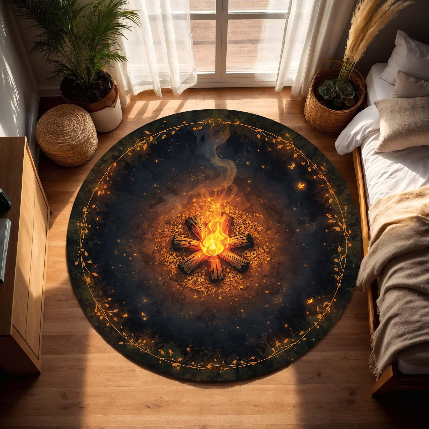 Round Campfire Rug – Cozy Bonfire Floor Mat, Rustic Boho Fireplace Style, Soft Washable Area Carpet for Living Room Bedroom and Cabin Decor