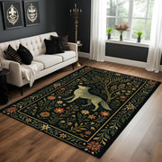 Bohemian Forest Style Wolf Rug, Rustic Dark Botanical Animal Carpet, Mystical Nature Decor Rug, Living Room Statement Piece, Mystical Rug
