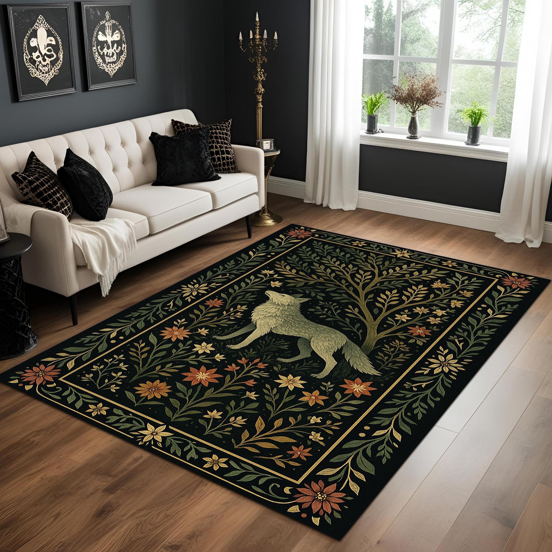 Bohemian Forest Style Wolf Rug, Rustic Dark Botanical Animal Carpet, Mystical Nature Decor Rug, Living Room Statement Piece, Mystical Rug