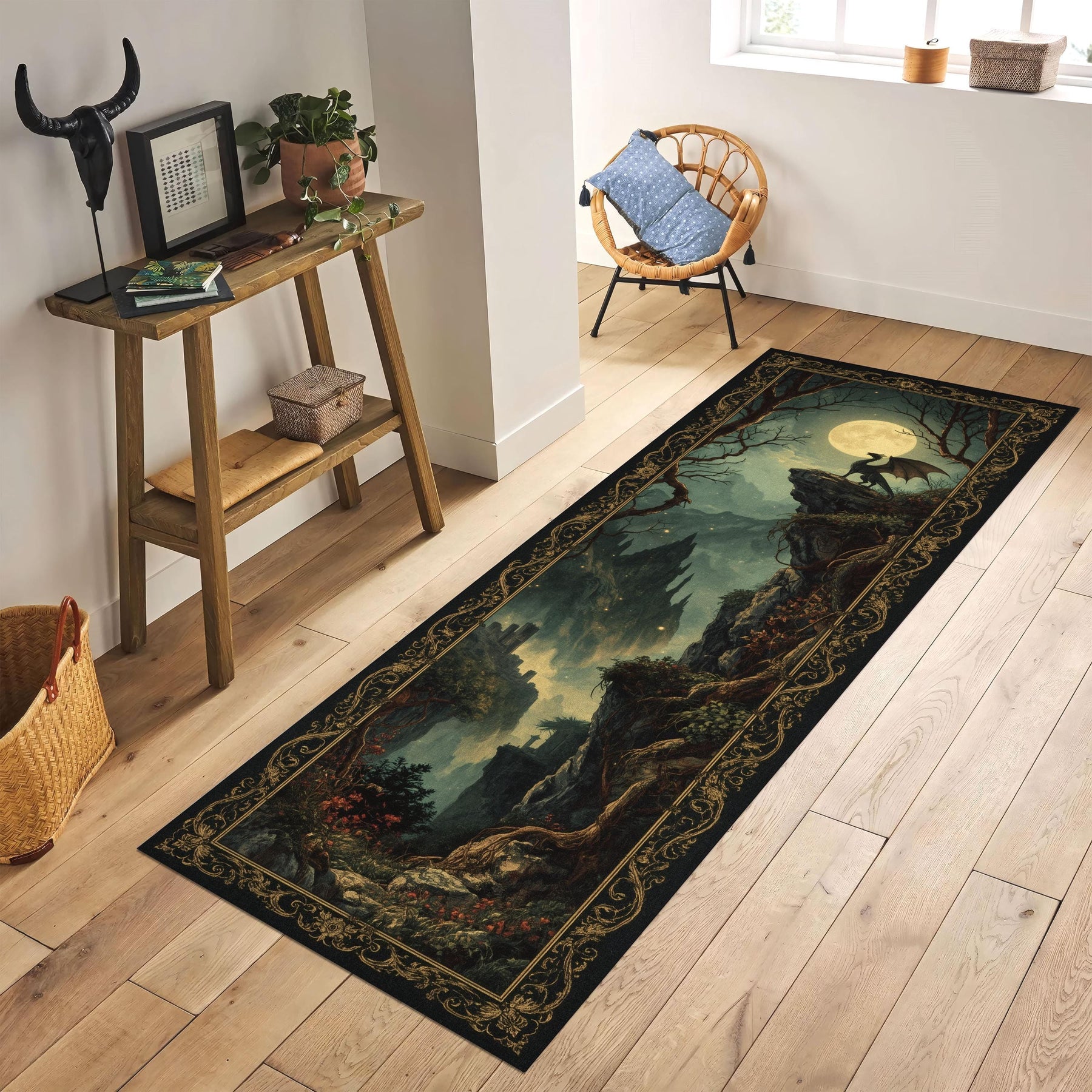 Twilight Dragon Runner Rug, Fantasy Tapestry Rug, Moonlit Castle Decor, Gothic Hallway Rug, Mythical Creature Rug, Dark Forest Washable Rug