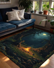 Fantasy Forest Campfire Area Rug, Moonlit Woodland Art Carpet for Living Room Bedroom & Gamer Space, Cozy Cottagecore DnD Decor Gift