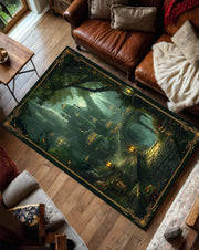 Enchanted Forest Elven City Area Rug, Green Gold Border Fantasy City Carpet, Lantern Path Gothic Art, Cozy Castlecore Living Room Decor
