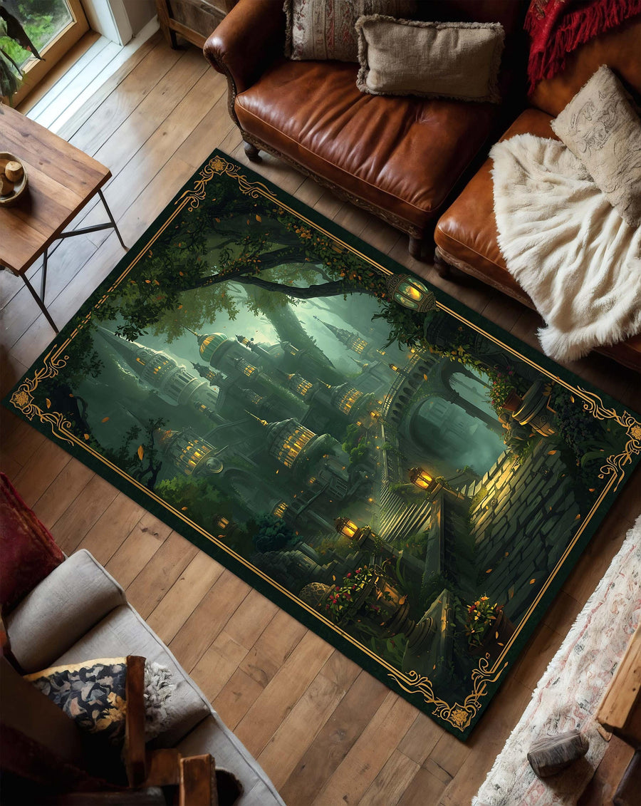 Enchanted Forest Elven City Area Rug, Green Gold Border Fantasy City Carpet, Lantern Path Gothic Art, Cozy Castlecore Living Room Decor