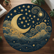 Mystical Celestial Round Rug: Golden Moon and Stars Design for Spiritual Spaces and Bedrooms