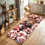 Leopard Floral Runner Rug, Elegant Jungle Cat Hallway Carpet with Pink Flowers and Butterflies, Bold Animal Print Decor for Glam Interiors