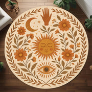 Sun Moon Eye Round Rug: Boho Floral Spiritual Carpet With Mystical Symbols For Cozy And Artistic Room Decor