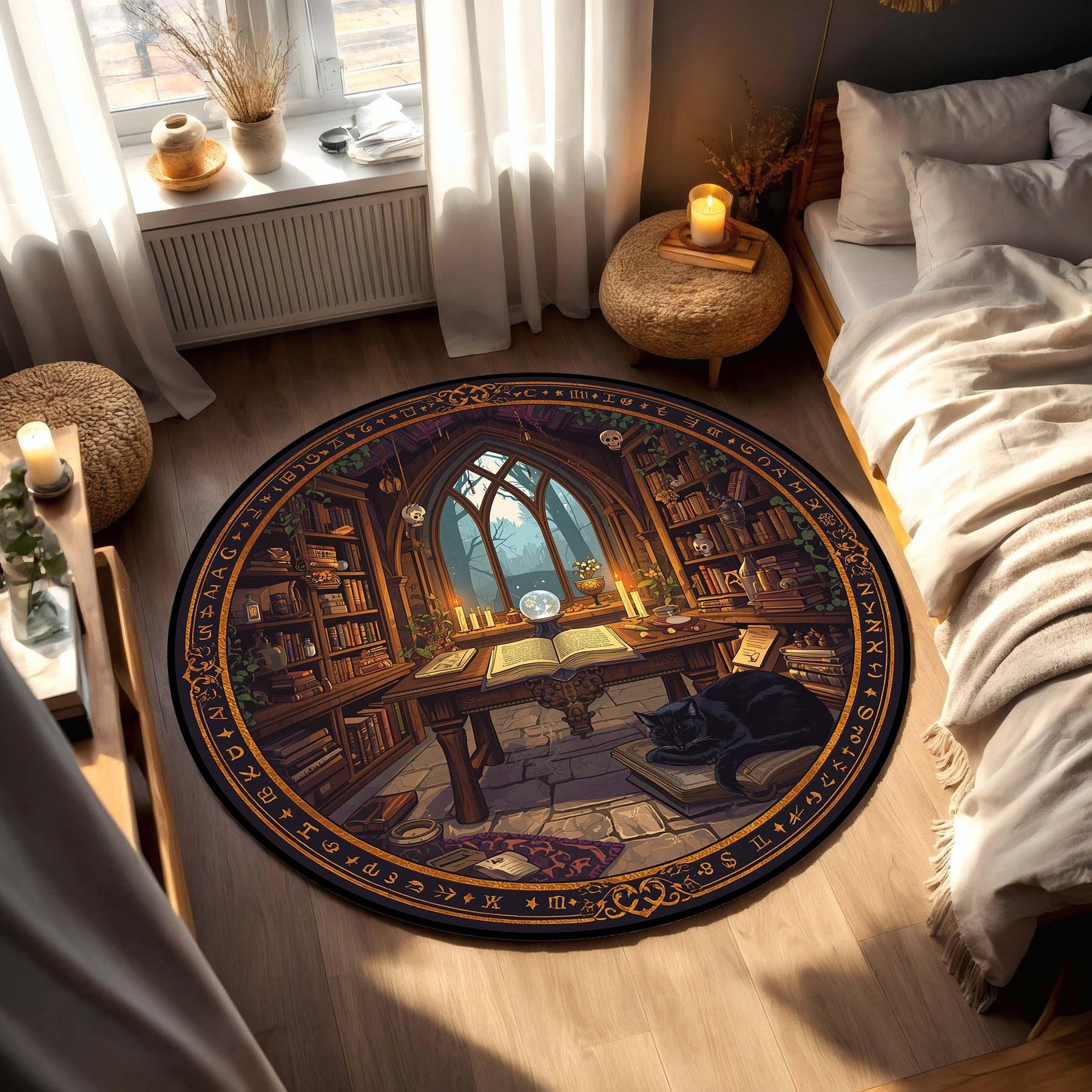 Round Book Lover Rug With Enchanted Library Scene, Cozy Reading Nook Carpet Featuring Bookshelves, Candles, Cat And Magical Study Decor