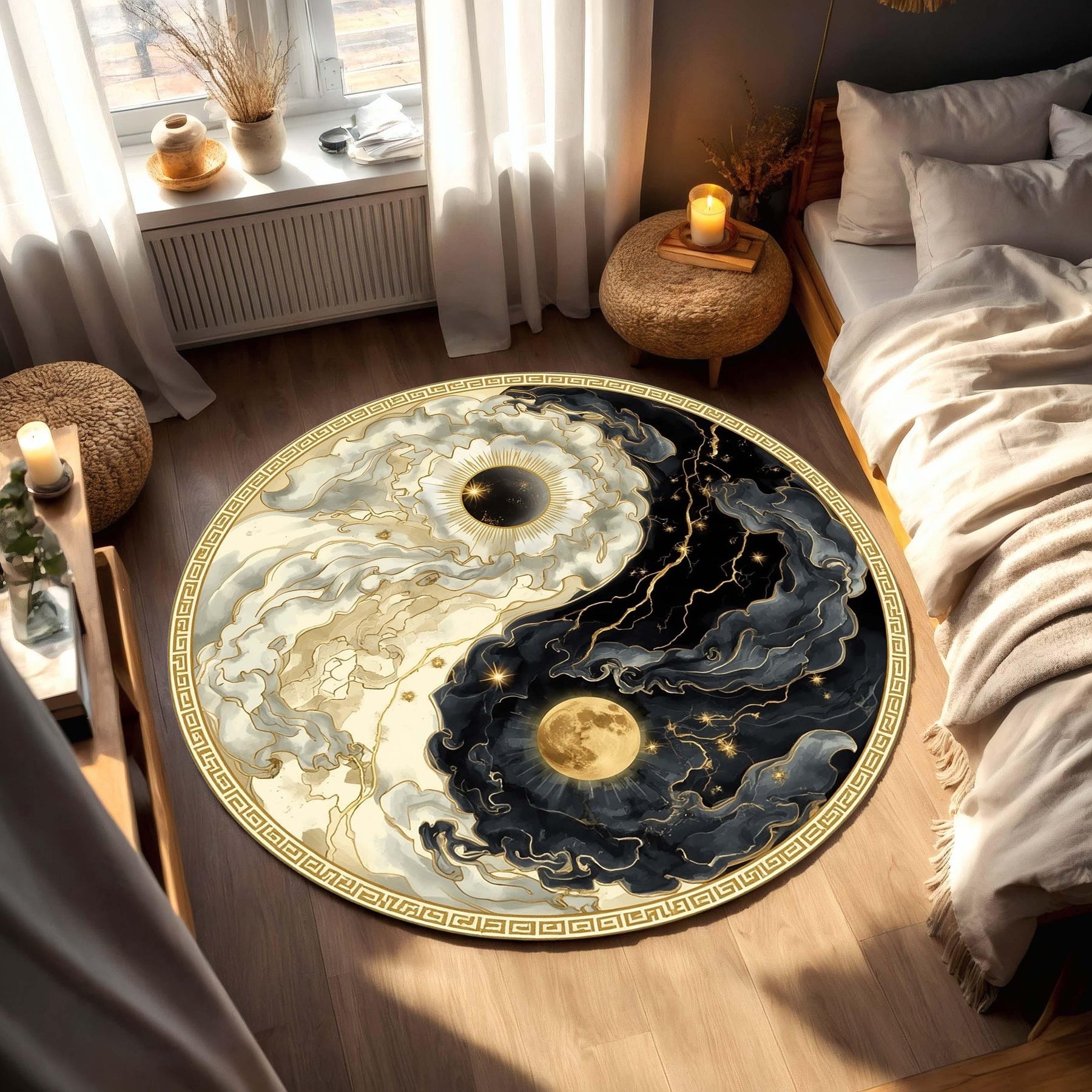Celestial Yin Yang Round Rug, Black And Gold Sun Moon Carpet, Cosmic Balance Mandala Rug, Spiritual Modern Boho Floor Art