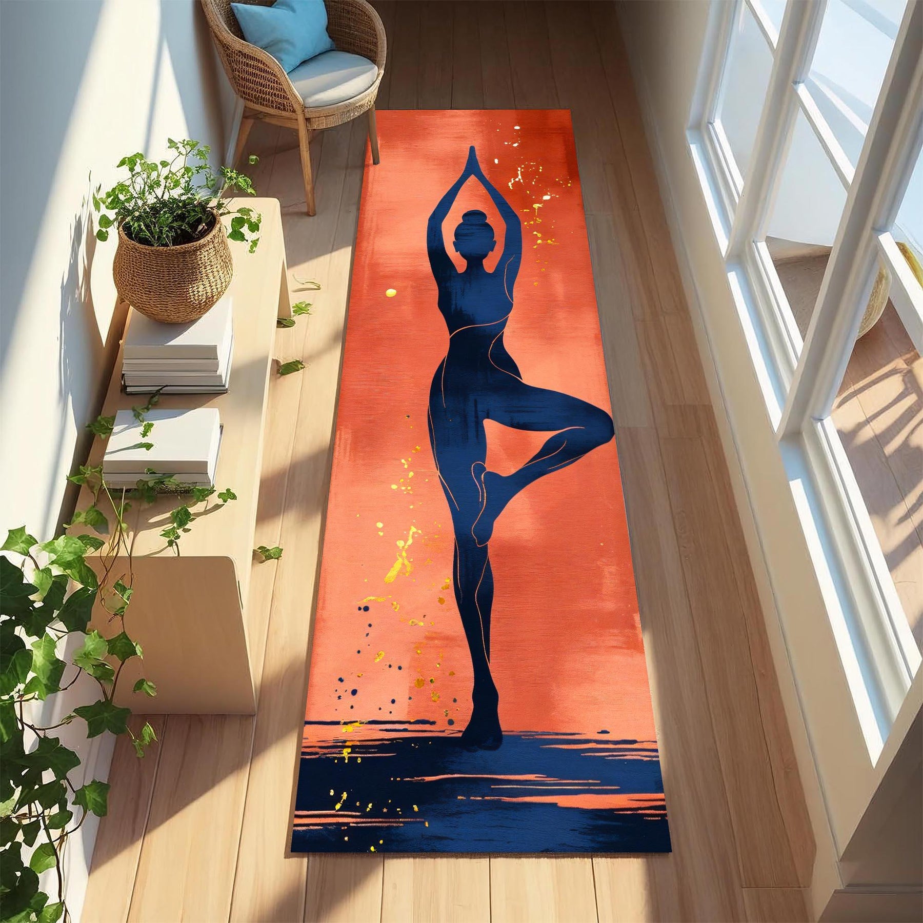 Yoga Pose Runner Rug, Abstract Woman Yoga Mat for Meditation, Modern Zen Fitness Carpet, Minimalist Home Workout Floor Decor for Yoga Spaces
