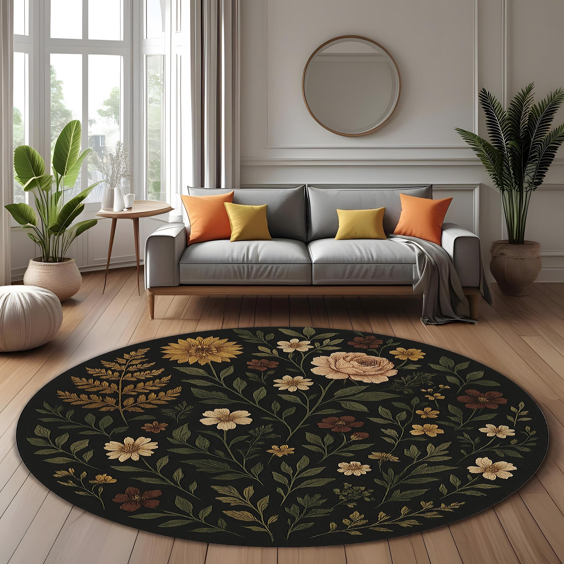 Botanical Round Rug: Dark Floral Rug With Vintage Style Wildflowers for Boho Living Room, Entryway or Nature Inspired Decor