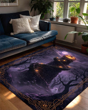 Halloween Haunted Tower Area Rug, Gothic Pumpkin Moon Carpet, Spooky Living Room Decor, Witchy Dark Forest Ghost Aesthetic Floor Mat