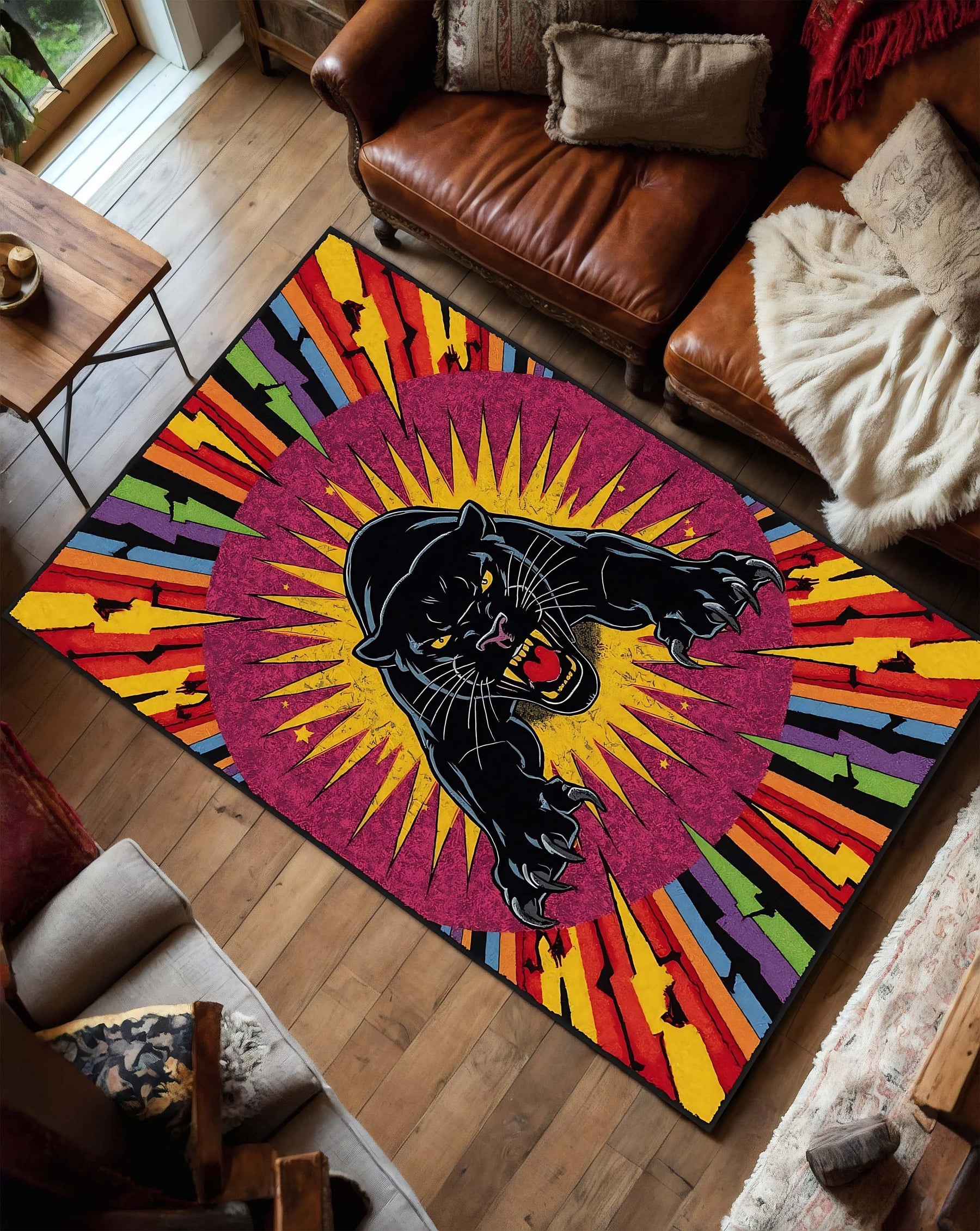 Retro Tattoo Panther Rug, Vibrant Pop Art Carpet, Flash Style Lightning Bolt Rug, Bold Colorful Panther Decor, Vintage Ink Vibe Rug