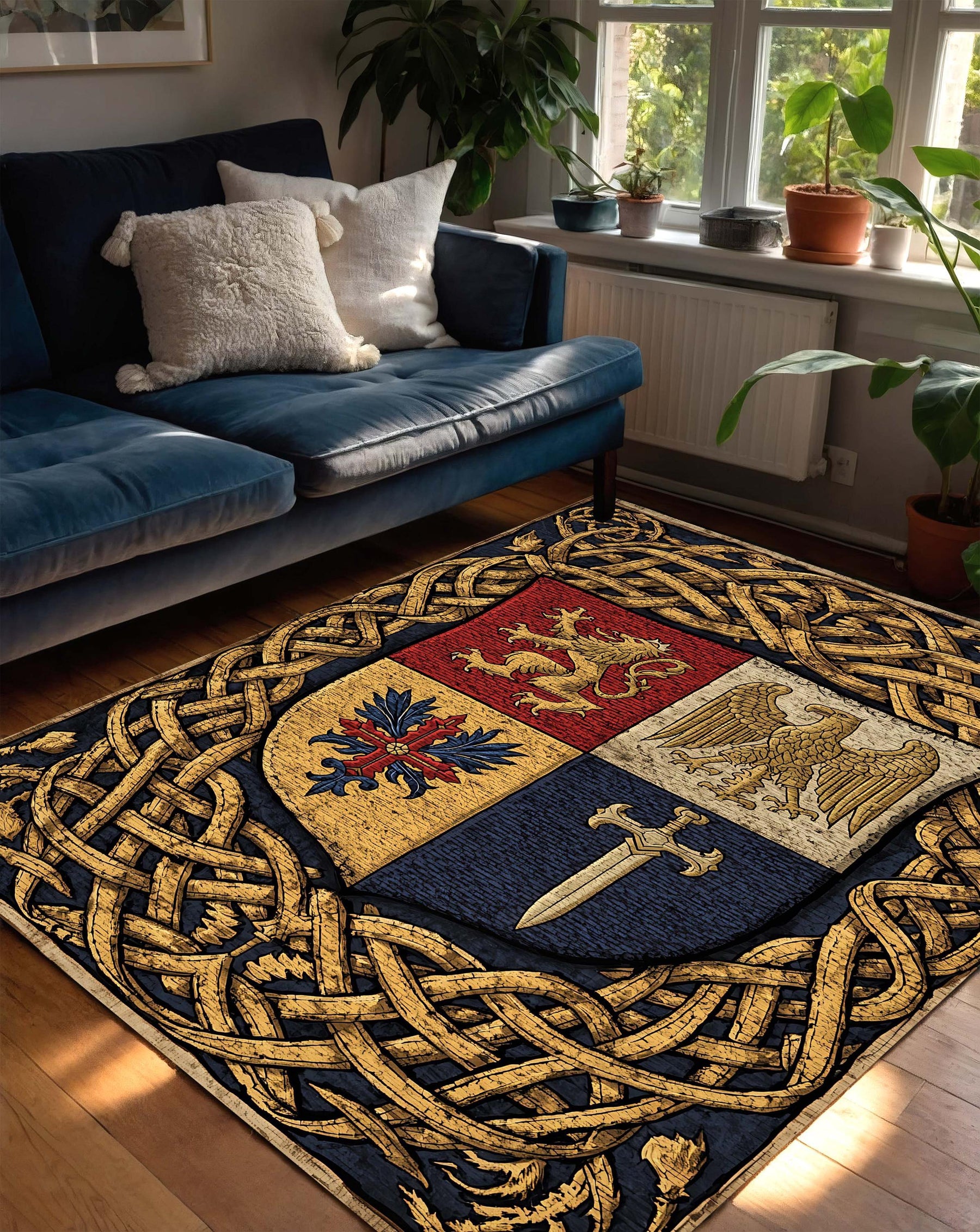 Medieval Heraldry Coat of Arms Rug with Lion Eagle Sword and Celtic Knot Border – Vintage Castlecore Medieval Tapestry Area Carpet Decor