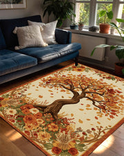 Autumn Tree Area Rug with Fall Leaves and Floral Border, Terracotta Seasonal Carpet for Living Room, Cozy Boho Rustic Floor Decor