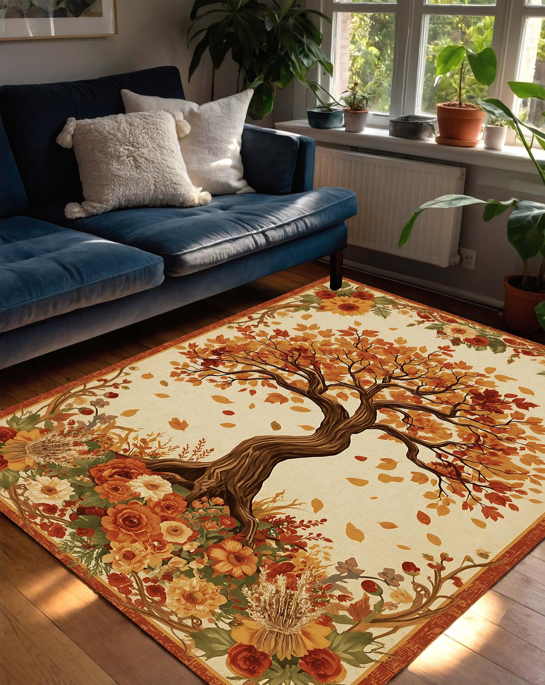 Autumn Tree Area Rug with Fall Leaves and Floral Border, Terracotta Seasonal Carpet for Living Room, Cozy Boho Rustic Floor Decor