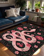 Pink Snake Floral Rug with Botanical Vines and Dark Background, Serpent Area Carpet for Boho Gothic Living Room or Bedroom Decor