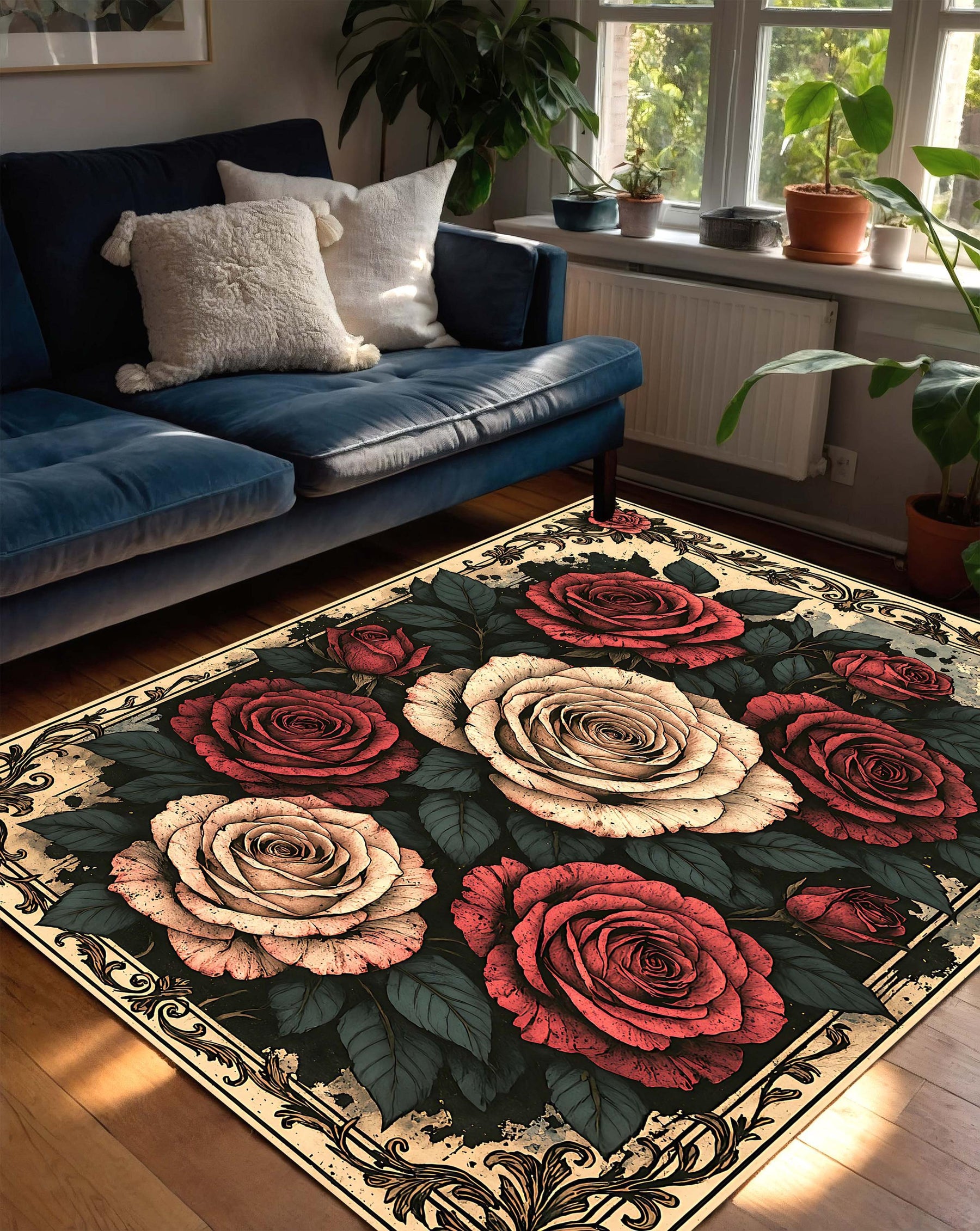 Vintage Botanical Floral Area Rug with Red and Cream Roses, Gothic Victorian Design Carpet for Living Room, Boho Aesthetic Floor Decor