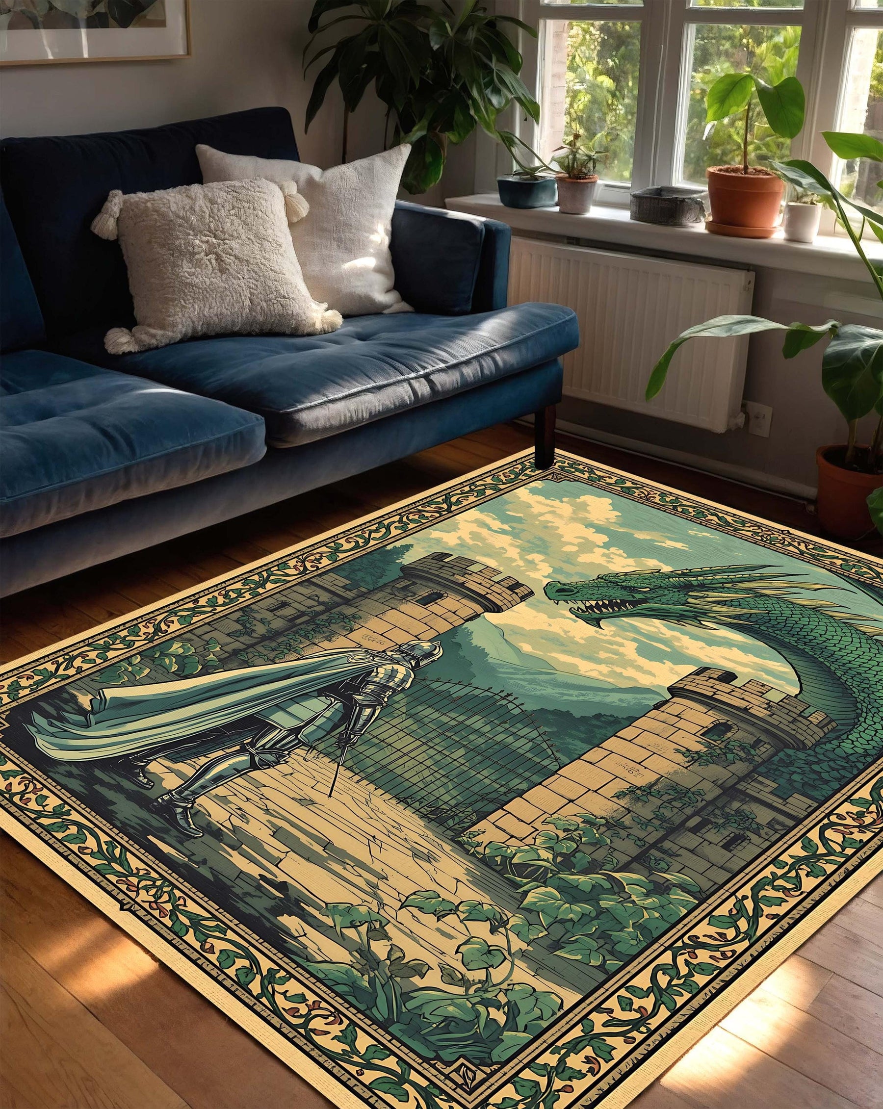 Medieval Castlecore Tapestry Style Fantasy Rug with Knight and Dragon Scene – Vintage Style Area Carpet for Living Room or Bedroom Decor