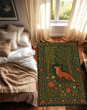 Fox Forest Rug, Autumn Woodland Animal Carpet, Cozy Rustic Cabin Decor, Botanical Orange Fox Area Rug for Nature Inspired Fall Living Room