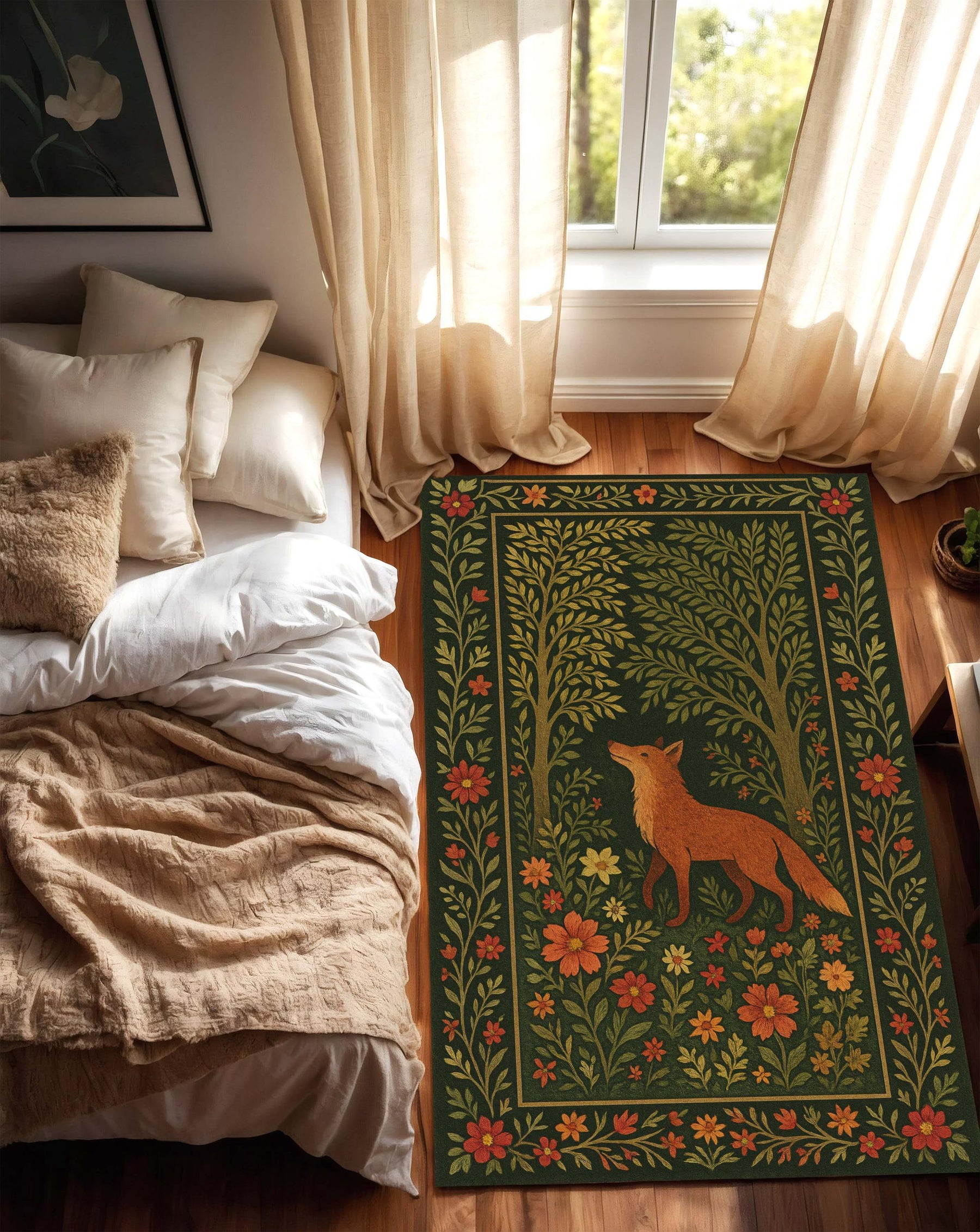 Fox Forest Rug, Autumn Woodland Animal Carpet, Cozy Rustic Cabin Decor, Botanical Orange Fox Area Rug for Nature Inspired Fall Living Room