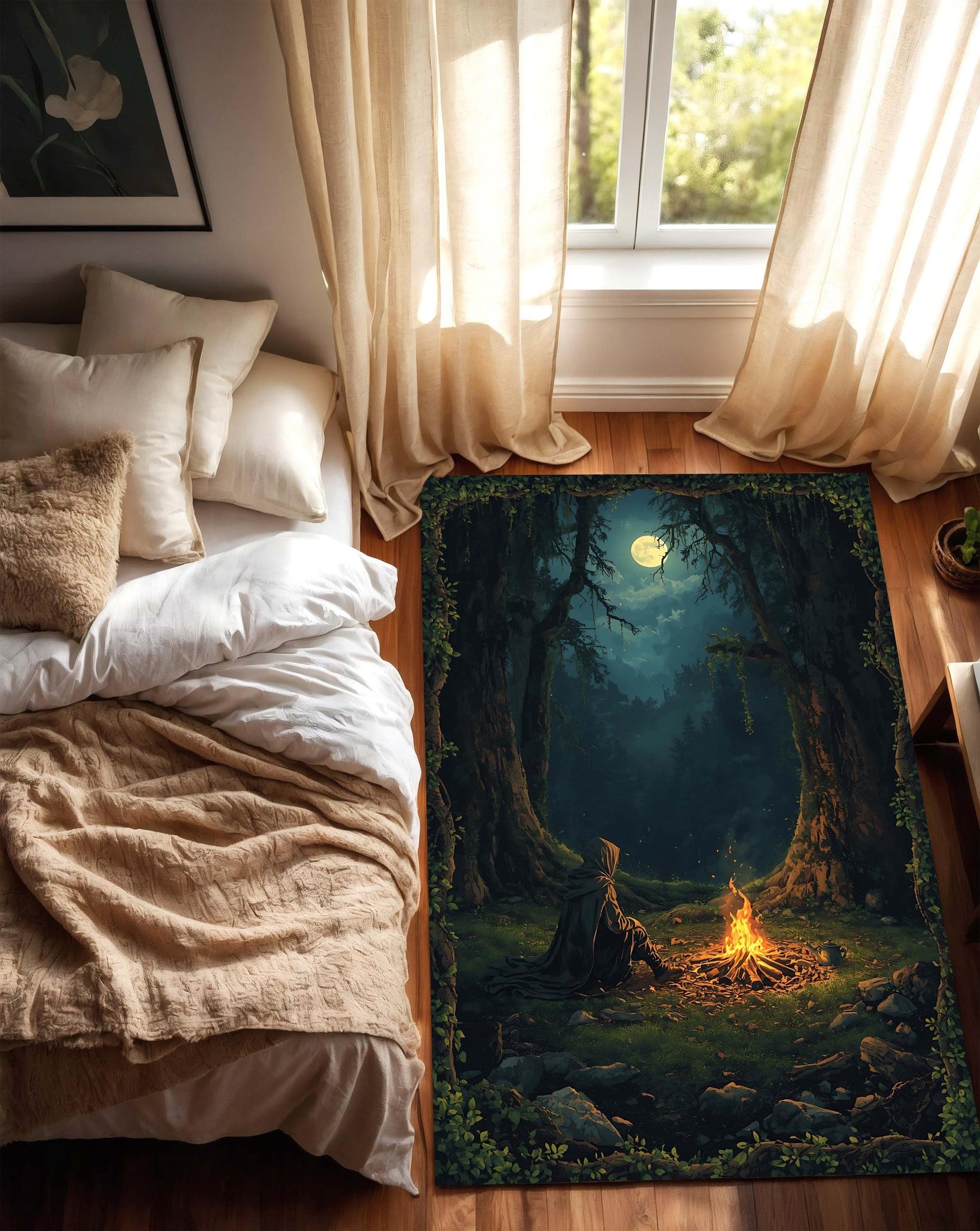 Fantasy Forest Campfire Area Rug, Moonlit Woodland Art Carpet for Living Room Bedroom & Gamer Space, Cozy Cottagecore DnD Decor Gift