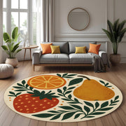Fruit Pattern Round Rug: Whimsical Strawberry, Orange and Pear Carpet for Kitchen, Dining Room or Cozy Breakfast Nook