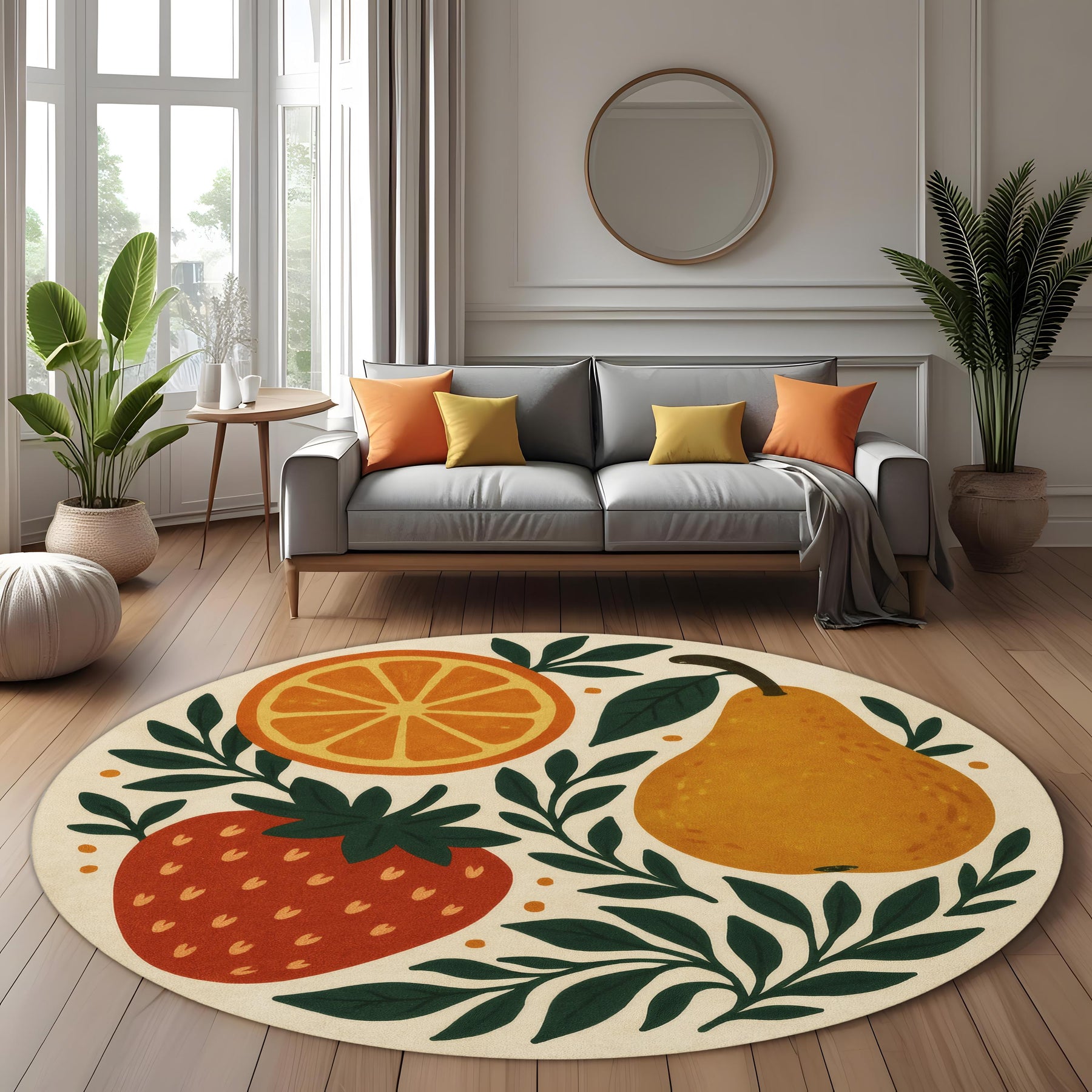 Fruit Pattern Round Rug: Whimsical Strawberry, Orange and Pear Carpet for Kitchen, Dining Room or Cozy Breakfast Nook