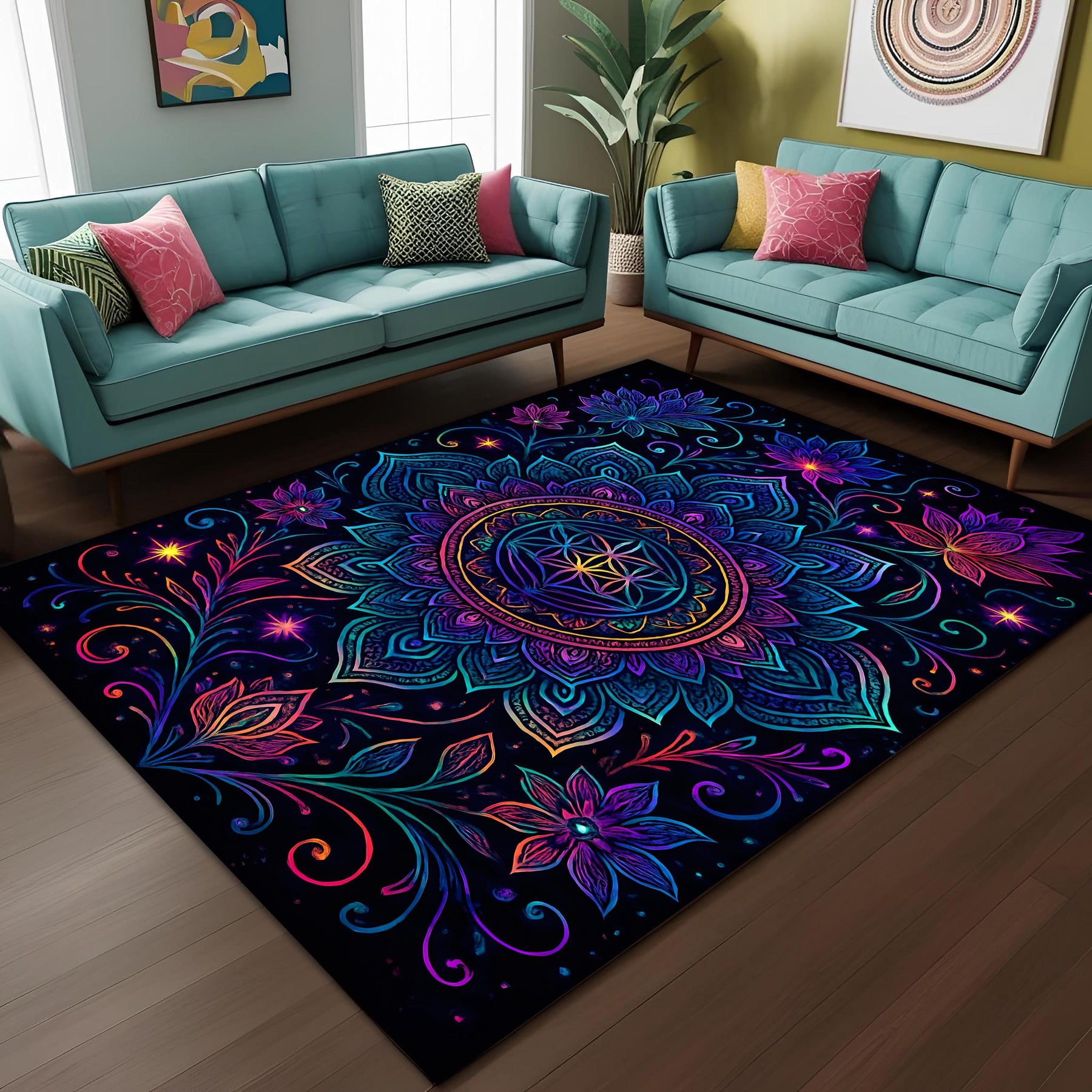 Neon Mandala Rug: Psychedelic Floral Pattern with Radiant Glow, Spiritual Boho Carpet for Living Room or Meditation Space