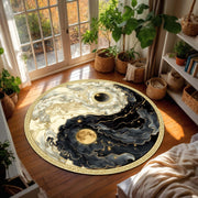 Celestial Yin Yang Round Rug, Black And Gold Sun Moon Carpet, Cosmic Balance Mandala Rug, Spiritual Modern Boho Floor Art