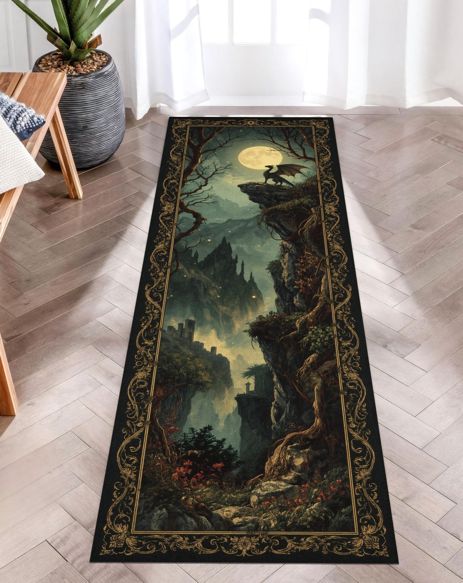 Twilight Dragon Runner Rug, Fantasy Tapestry Rug, Moonlit Castle Decor, Gothic Hallway Rug, Mythical Creature Rug, Dark Forest Washable Rug