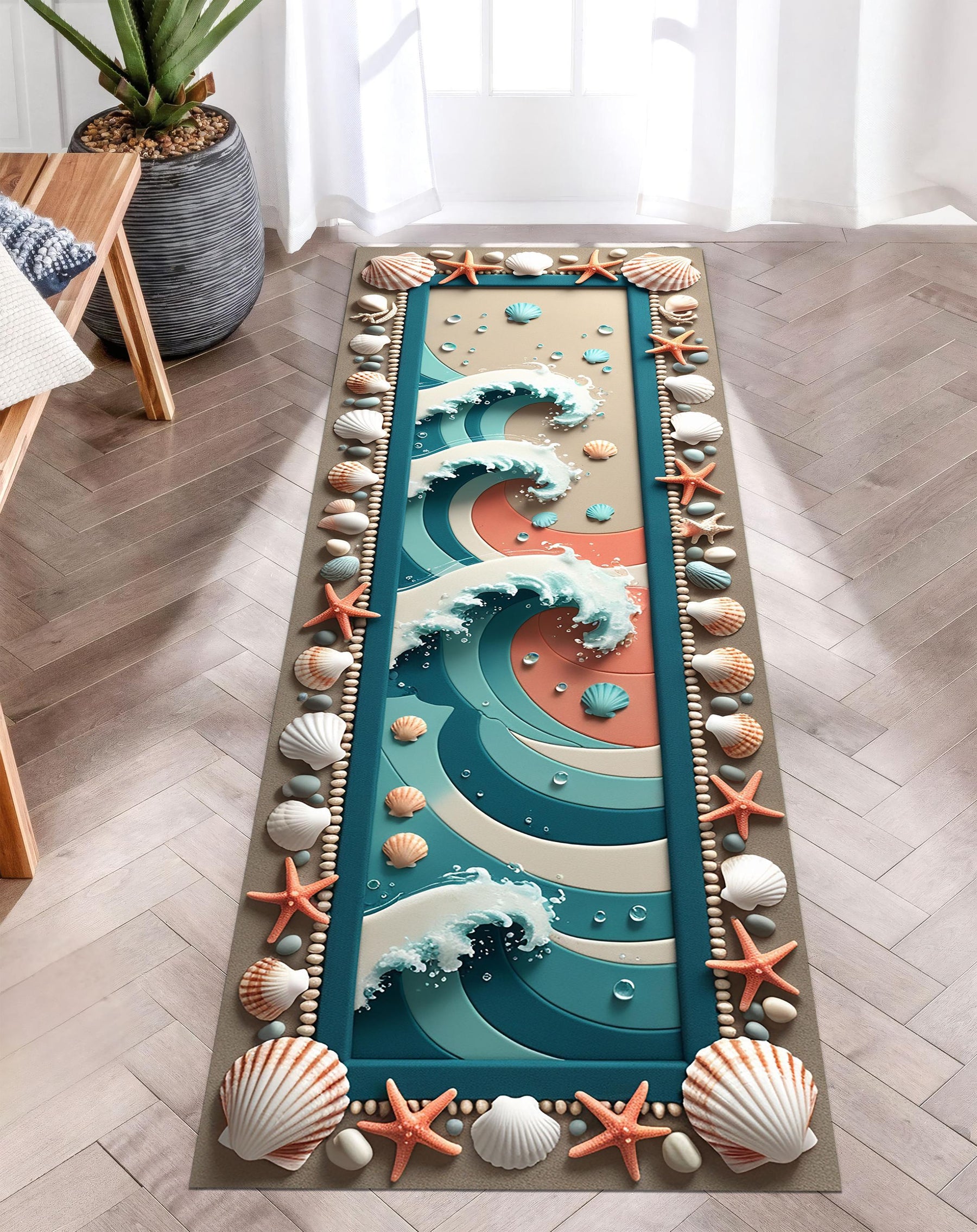 Ocean Wave Runner Rug, Coastal Beachcore Rug, Summer Seashell Hallway Carpet, Nautical Starfish Rug, Vibrant Sea Inspired Decor