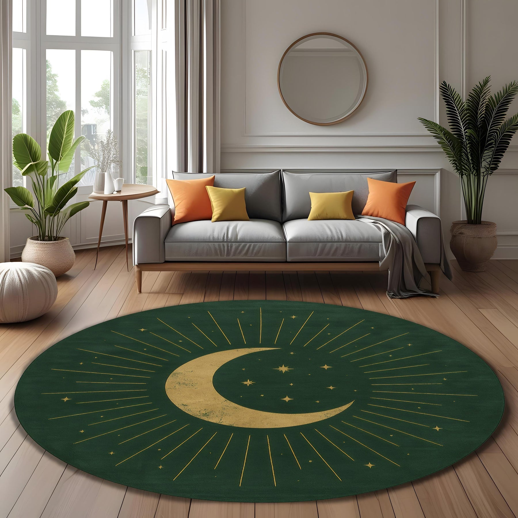 Mid Century Celestial Round Rug: Green Crescent Moon and Star Design for Astrology Decor, Witchy Room or Modern Mystic Spaces