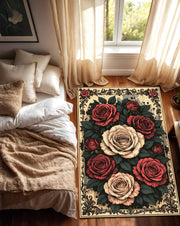 Vintage Botanical Floral Area Rug with Red and Cream Roses, Gothic Victorian Design Carpet for Living Room, Boho Aesthetic Floor Decor