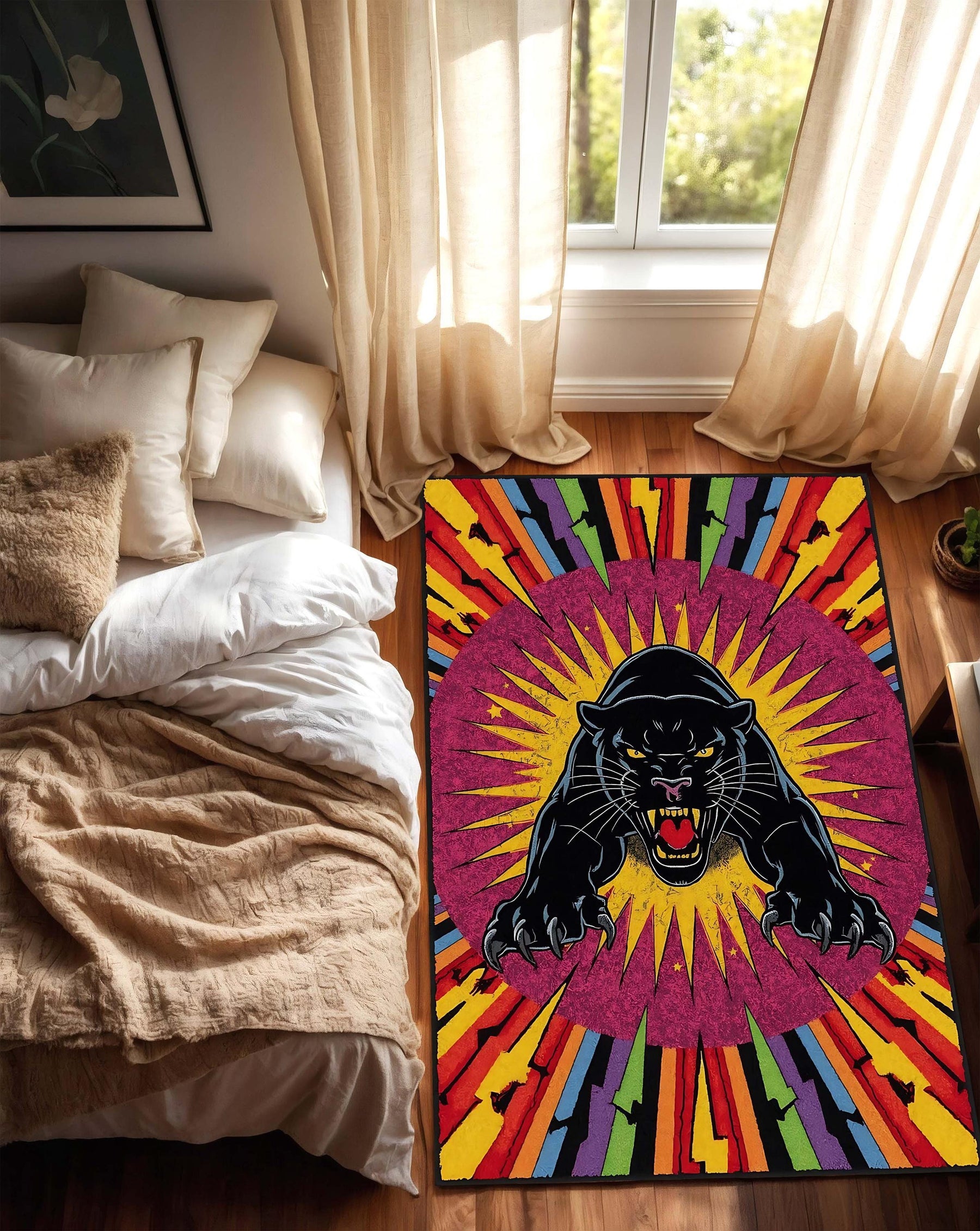 Retro Tattoo Panther Rug, Vibrant Pop Art Carpet, Flash Style Lightning Bolt Rug, Bold Colorful Panther Decor, Vintage Ink Vibe Rug