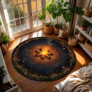 Round Campfire Rug – Cozy Bonfire Floor Mat, Rustic Boho Fireplace Style, Soft Washable Area Carpet for Living Room Bedroom and Cabin Decor