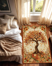 Autumn Tree Area Rug with Fall Leaves and Floral Border, Terracotta Seasonal Carpet for Living Room, Cozy Boho Rustic Floor Decor