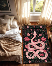 Pink Snake Floral Rug with Botanical Vines and Dark Background, Serpent Area Carpet for Boho Gothic Living Room or Bedroom Decor