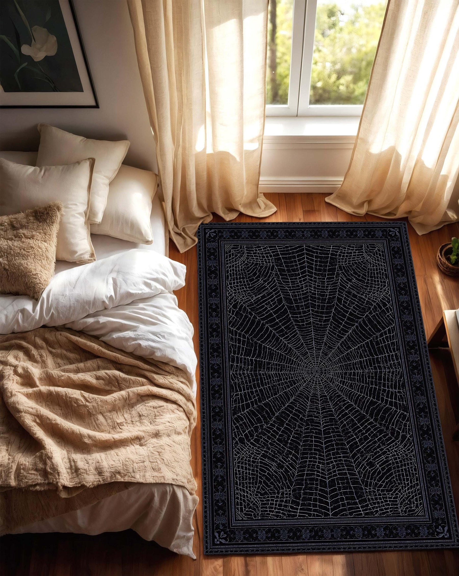 Gothic Black Spider Web Rug for Living Room, Halloween Style Dark Aesthetic Carpet, Creepy Web Design Area Rug for Spooky Home Decor