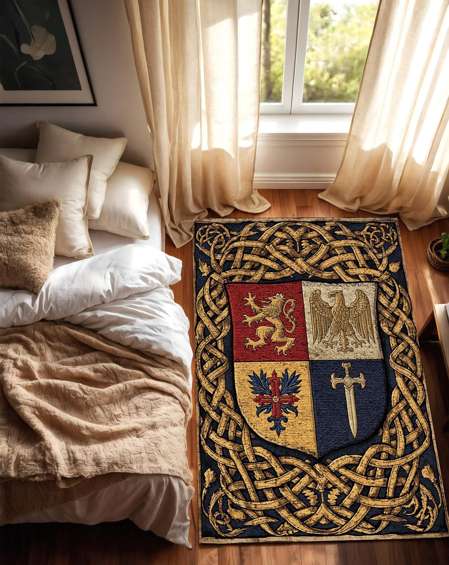 Medieval Heraldry Coat of Arms Rug with Lion Eagle Sword and Celtic Knot Border – Vintage Castlecore Medieval Tapestry Area Carpet Decor