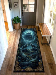 Moonlit Wolf Forest Runner Rug, Mystical Gothic Hallway Carpet with Fantasy Temple Night Art, Moon Area Rug for Entryway and Living Room