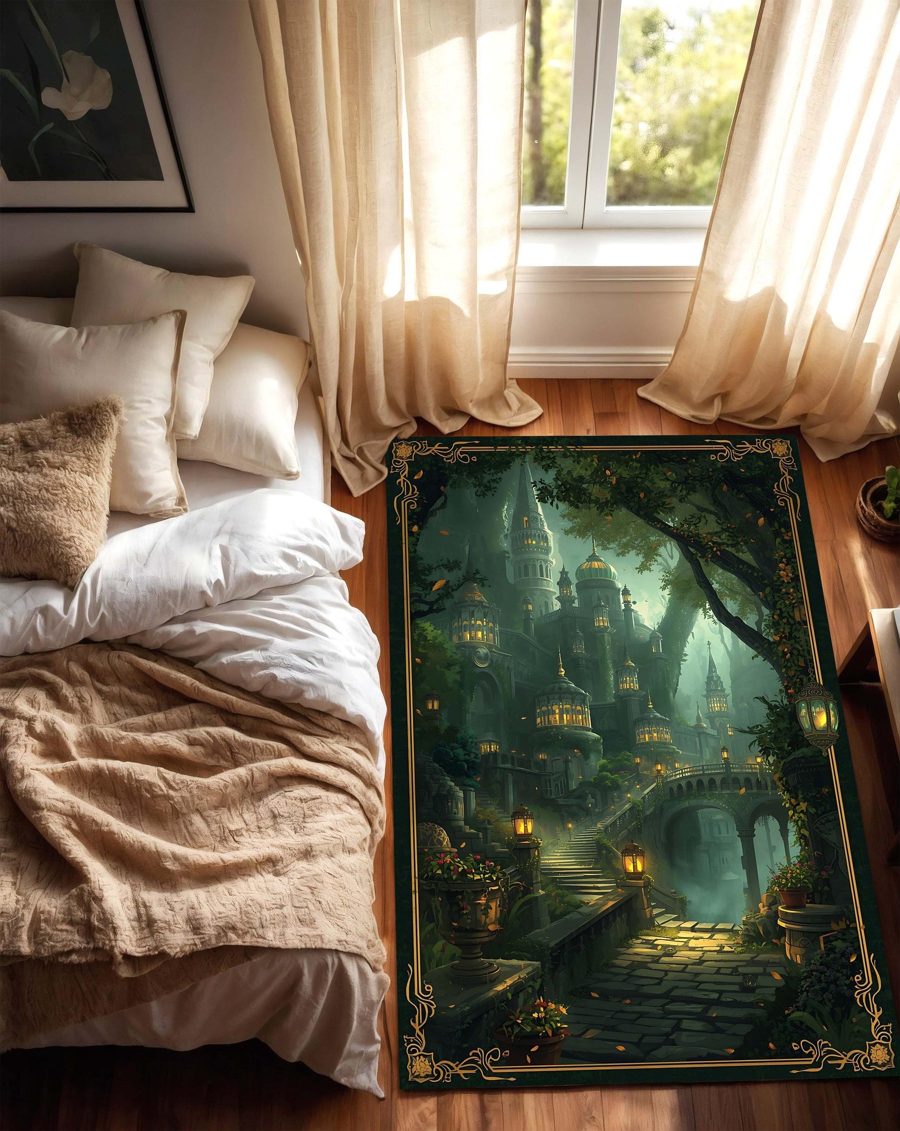 Enchanted Forest Elven City Area Rug, Green Gold Border Fantasy City Carpet, Lantern Path Gothic Art, Cozy Castlecore Living Room Decor