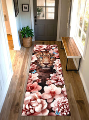 Leopard Floral Runner Rug, Elegant Jungle Cat Hallway Carpet with Pink Flowers and Butterflies, Bold Animal Print Decor for Glam Interiors