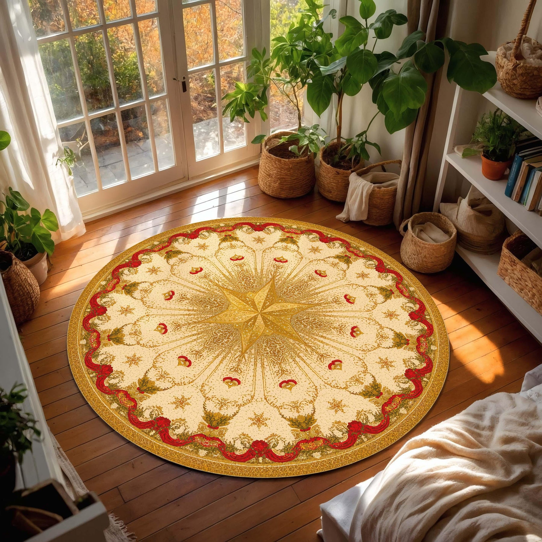 Christmas Round Oriental Rug in Red and Gold, Star Medallion Vintage Carpet, Festive Holiday Area Rug for Living Room Bedroom Cozy Decor