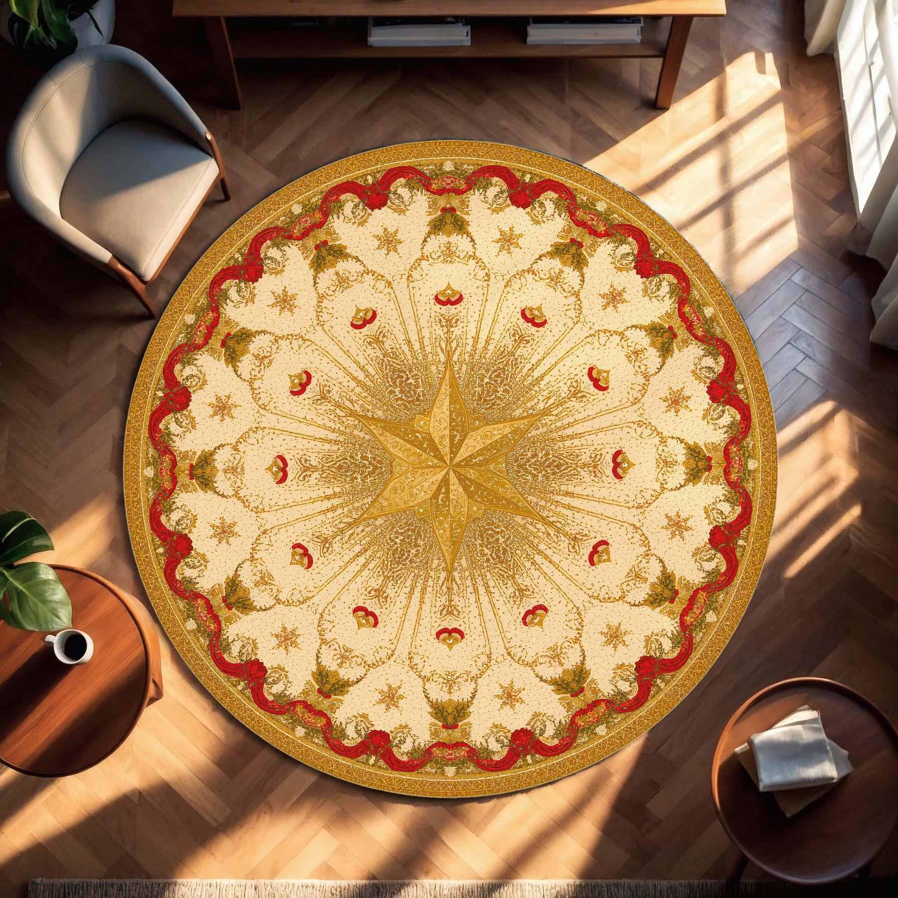 Christmas Round Oriental Rug in Red and Gold, Star Medallion Vintage Carpet, Festive Holiday Area Rug for Living Room Bedroom Cozy Decor