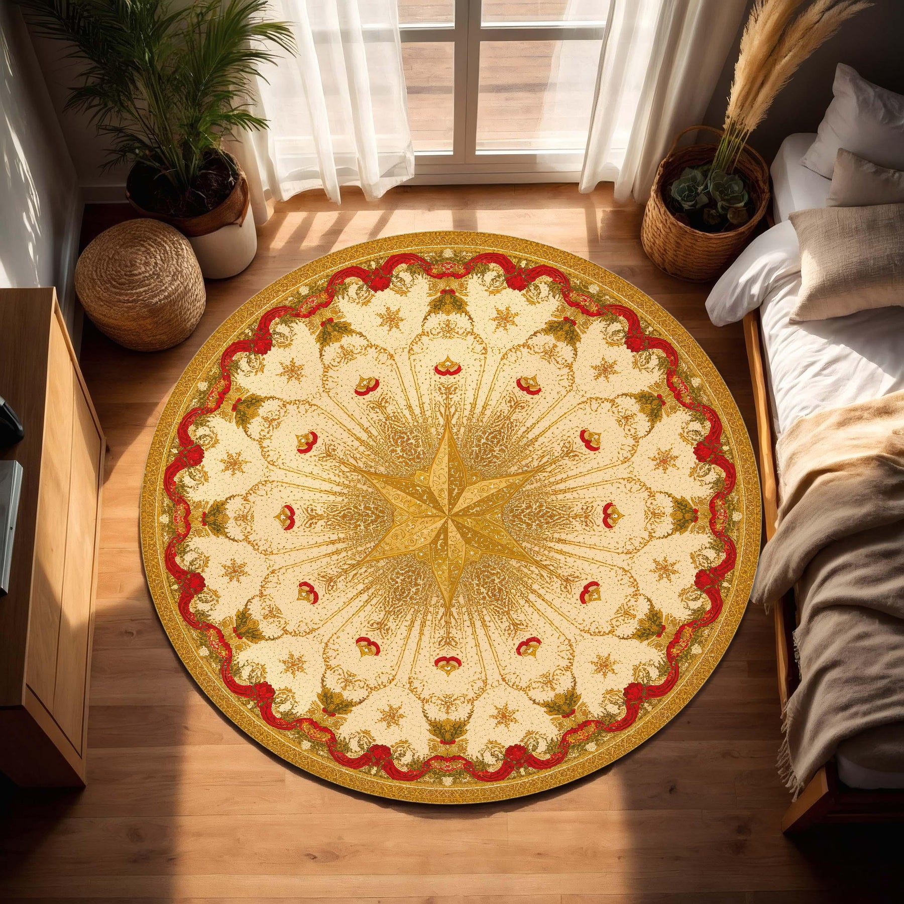 Christmas Round Oriental Rug in Red and Gold, Star Medallion Vintage Carpet, Festive Holiday Area Rug for Living Room Bedroom Cozy Decor