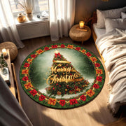 Round Christmas Tree Rug with Merry Christmas Text and Gift Border – Festive Holiday Living Room Carpet for Bedroom or Entryway Decor