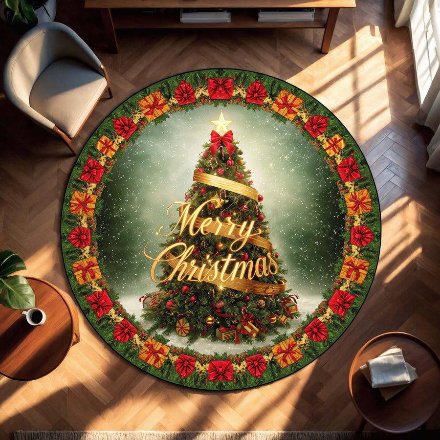 Round Christmas Tree Rug with Merry Christmas Text and Gift Border – Festive Holiday Living Room Carpet for Bedroom or Entryway Decor