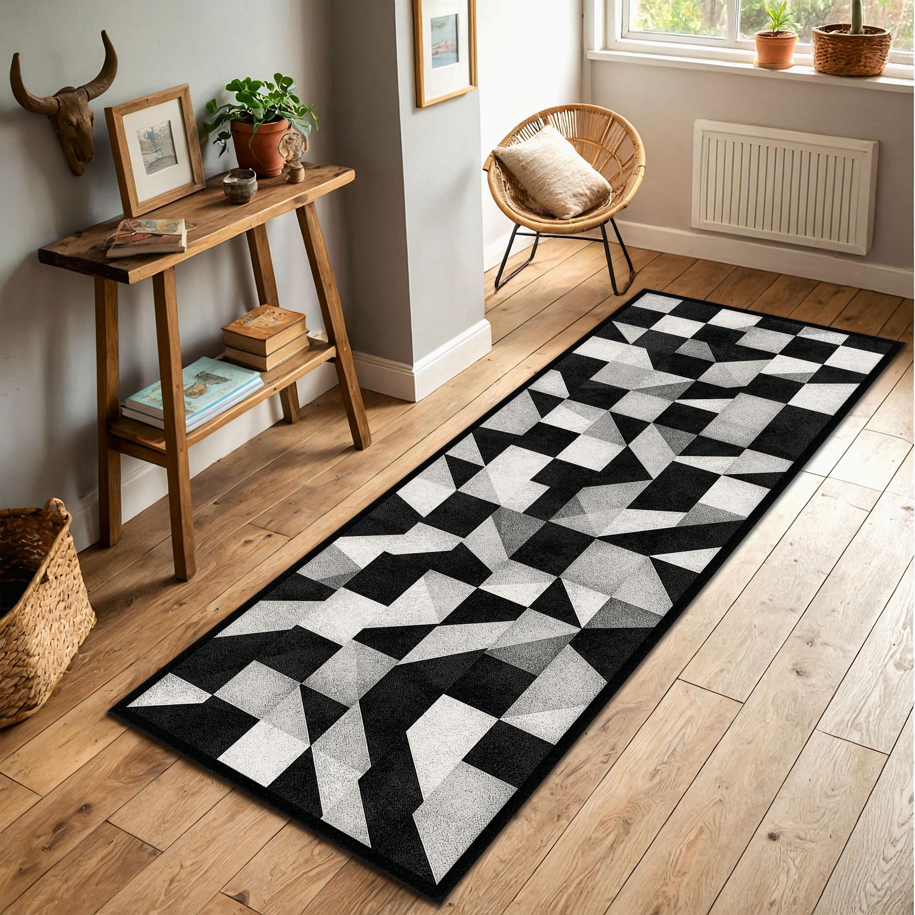 Modern Geometric Runner Rug in Black White Gray – Contemporary Hallway Entryway Kitchen Carpet, Low Pile Easy Care, Washable Non Slip Carpet
